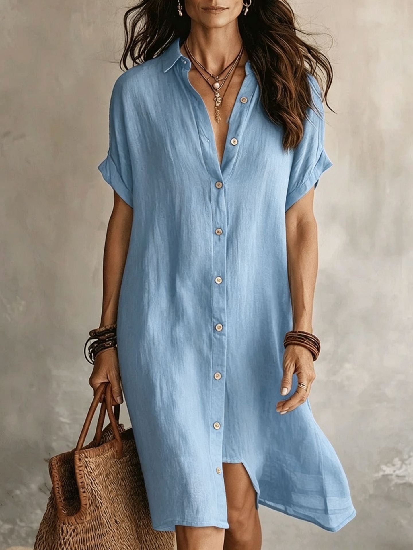 Linen Button Front Midi Dress