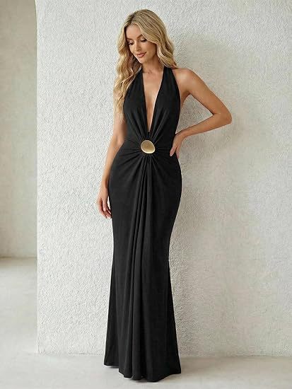 Womens Halter Neck Deep V Long Dress Sexy Evening Gown