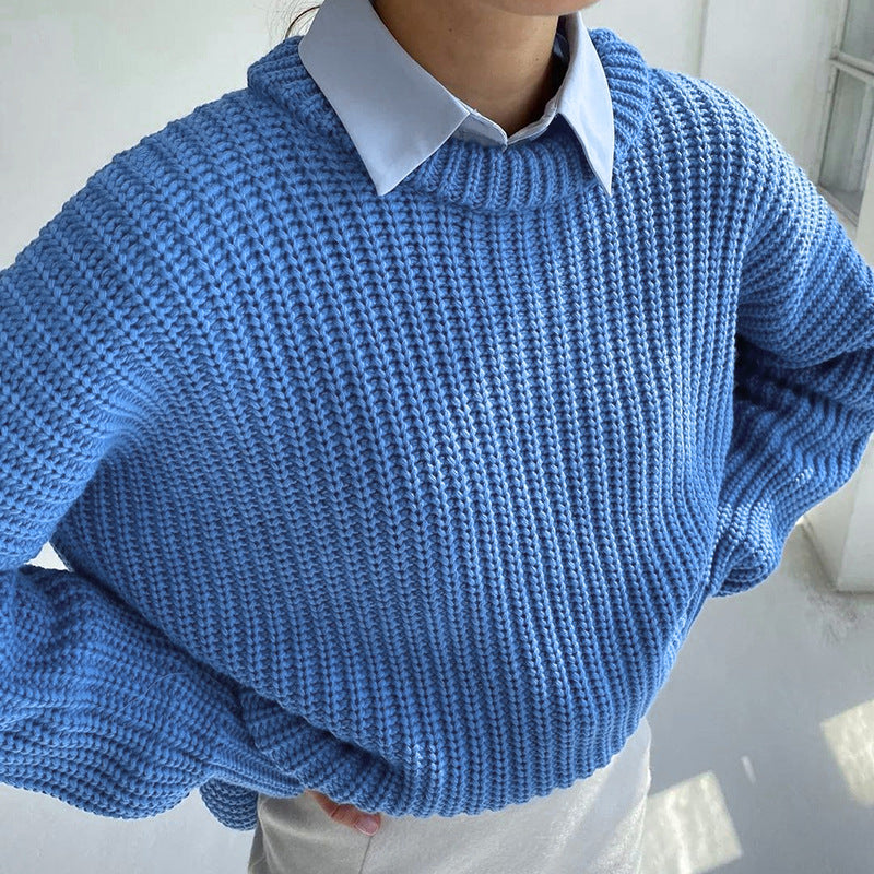 Loose Round-Neck Solid Color Long-Sleeve