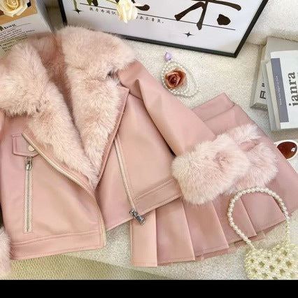 Girls Winter Leather Jacket and Skirt Set