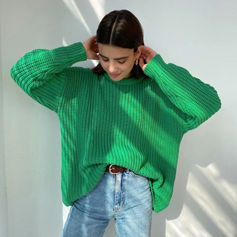 Loose Round-Neck Solid Color Long-Sleeve