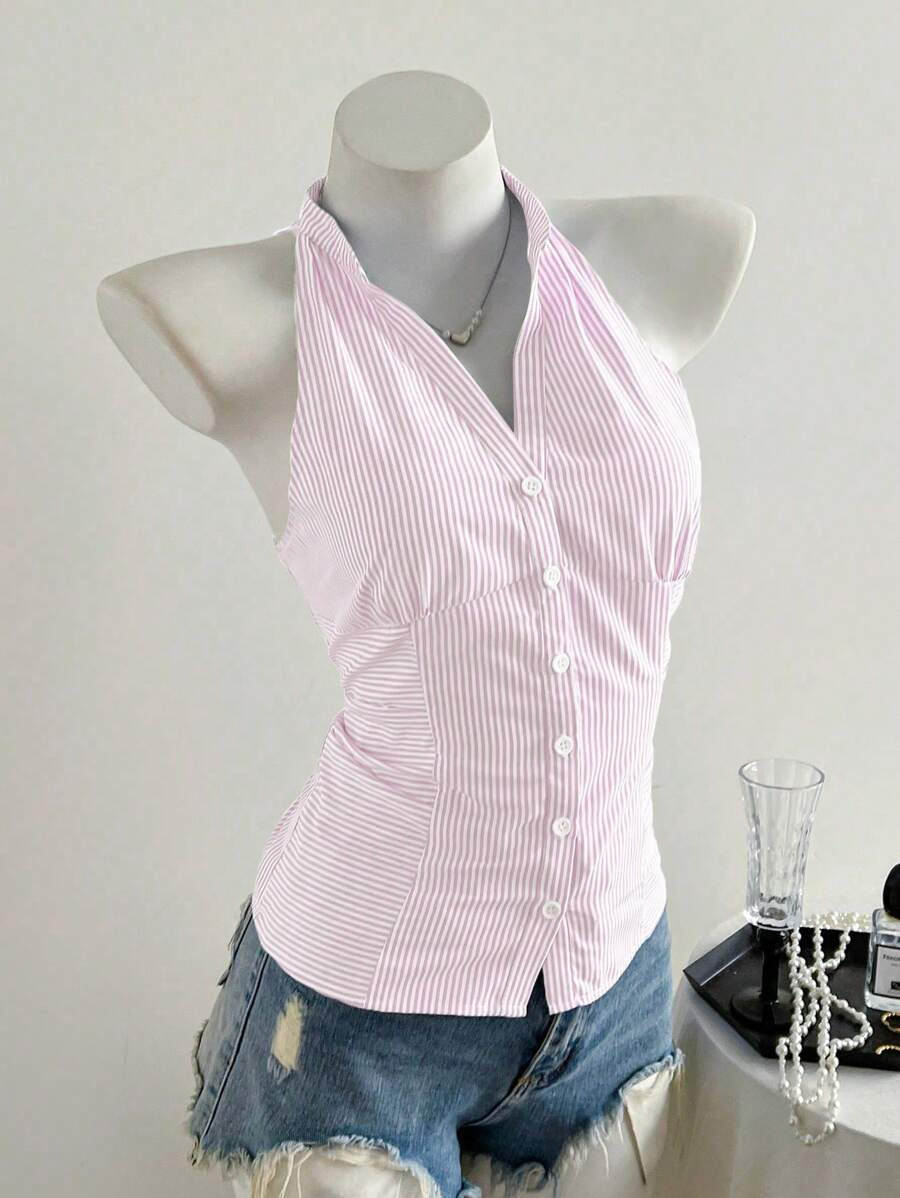 French-Style Waist-Cinching Striped Sleeveless Shirt