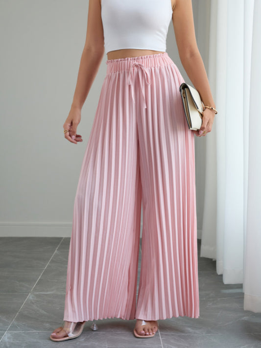 Pure Color Pleated Elastic Waist Lace-Up Loose Wide-Leg Pants