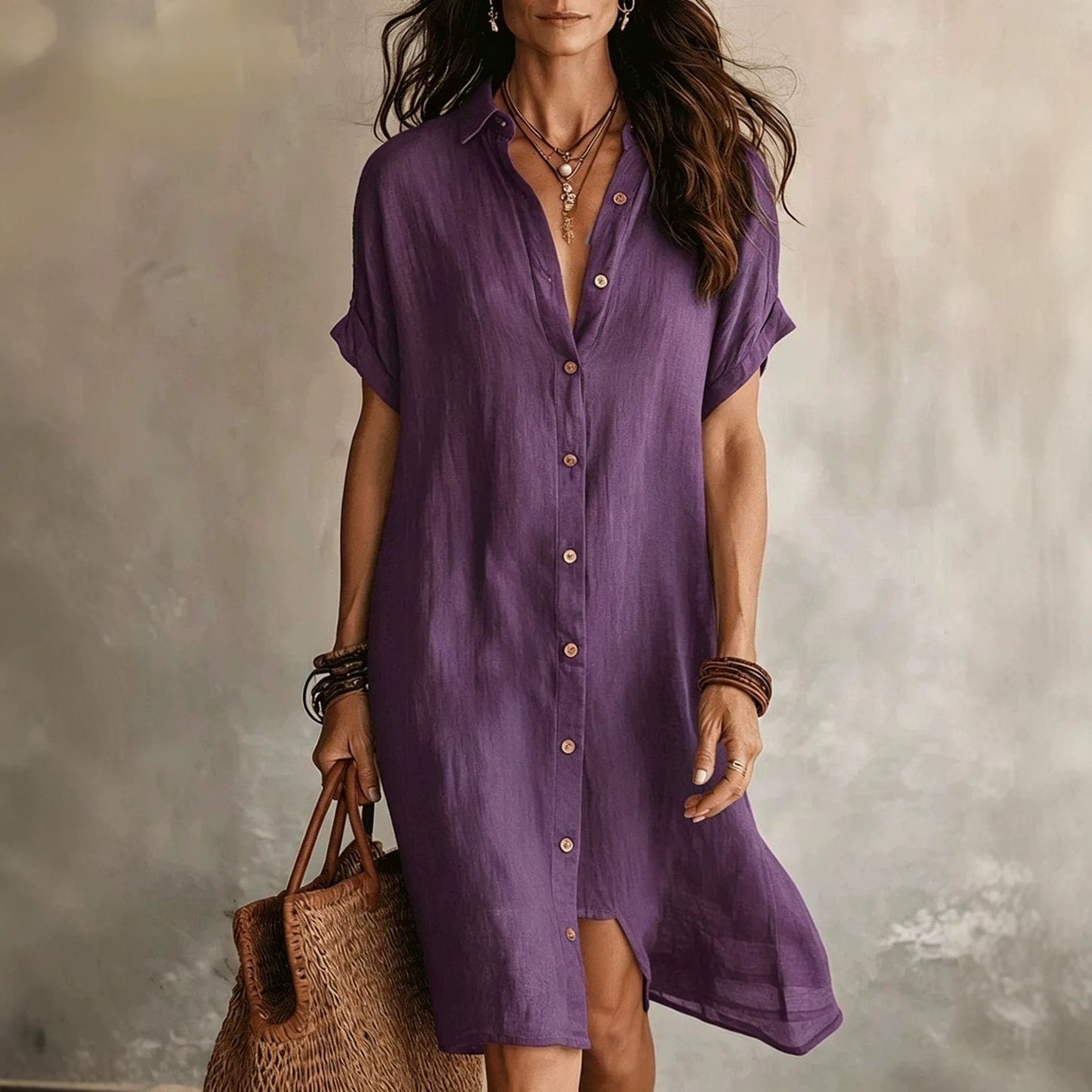 Linen Button Front Midi Dress