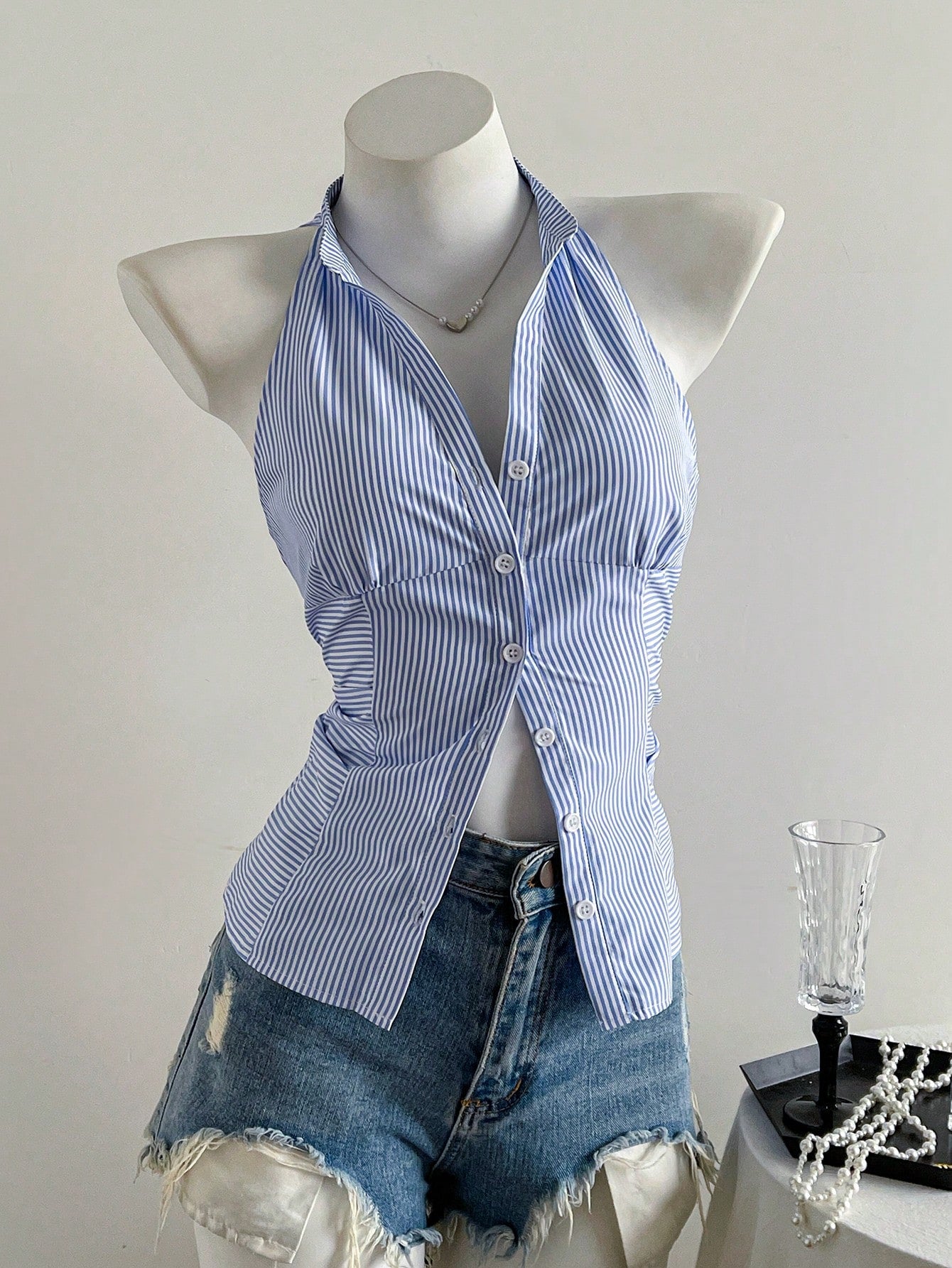 French-Style Waist-Cinching Striped Sleeveless Shirt