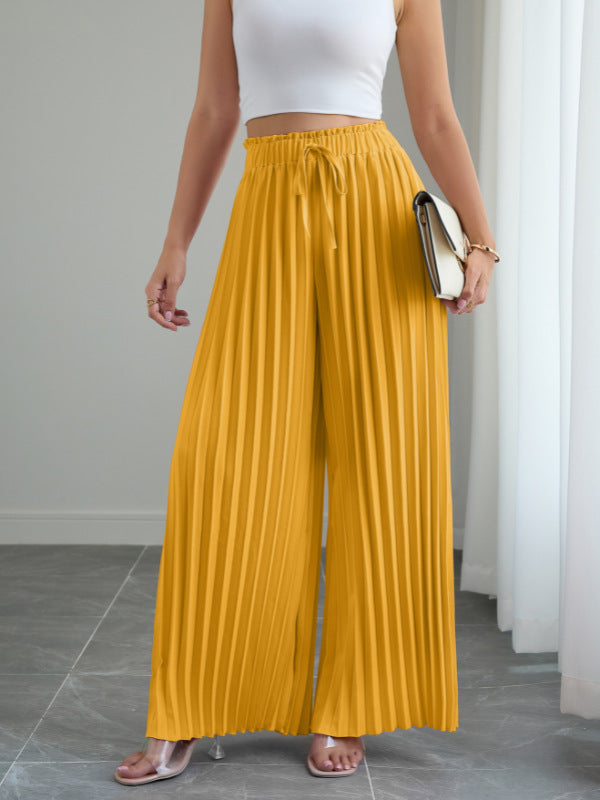 Pure Color Pleated Elastic Waist Lace-Up Loose Wide-Leg Pants