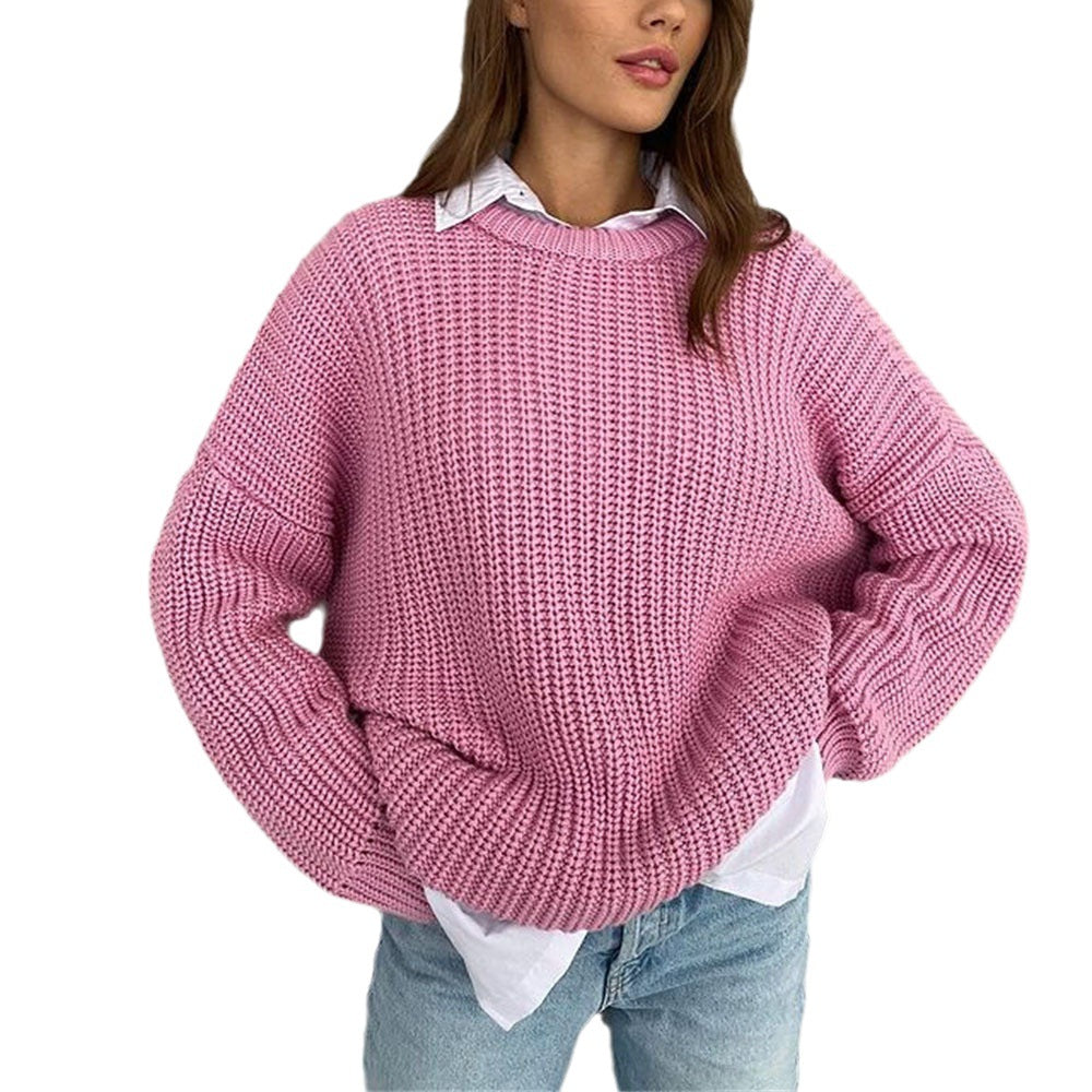 Loose Round-Neck Solid Color Long-Sleeve