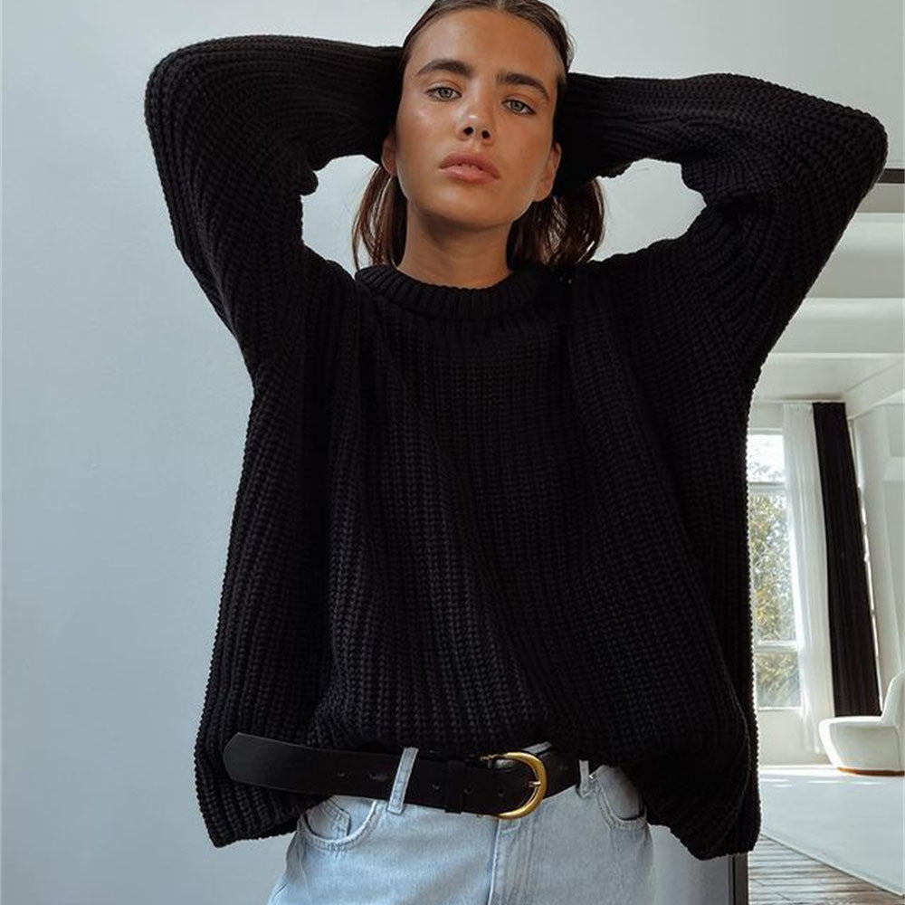 Loose Round-Neck Solid Color Long-Sleeve