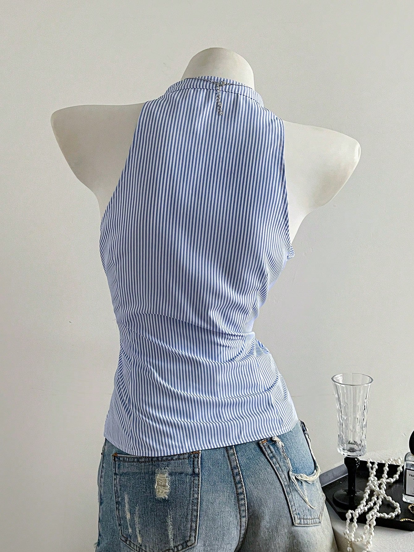French-Style Waist-Cinching Striped Sleeveless Shirt