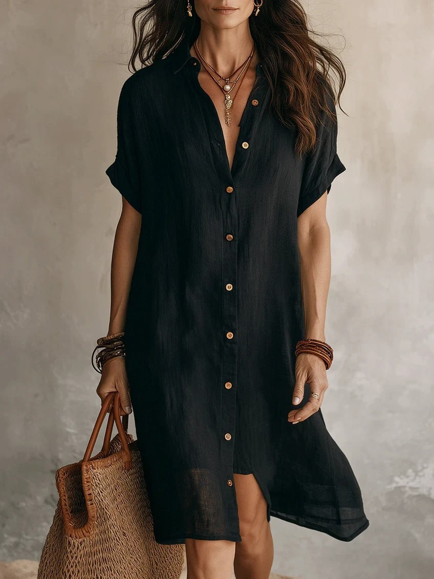 Linen Button Front Midi Dress