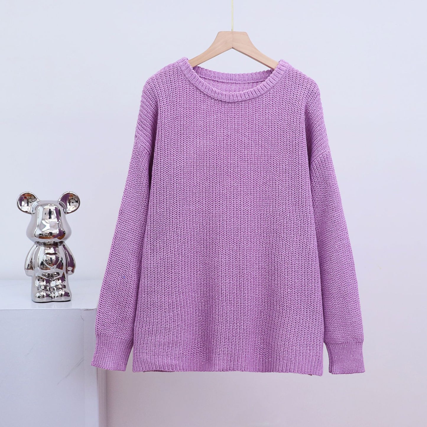 Loose Round-Neck Solid Color Long-Sleeve