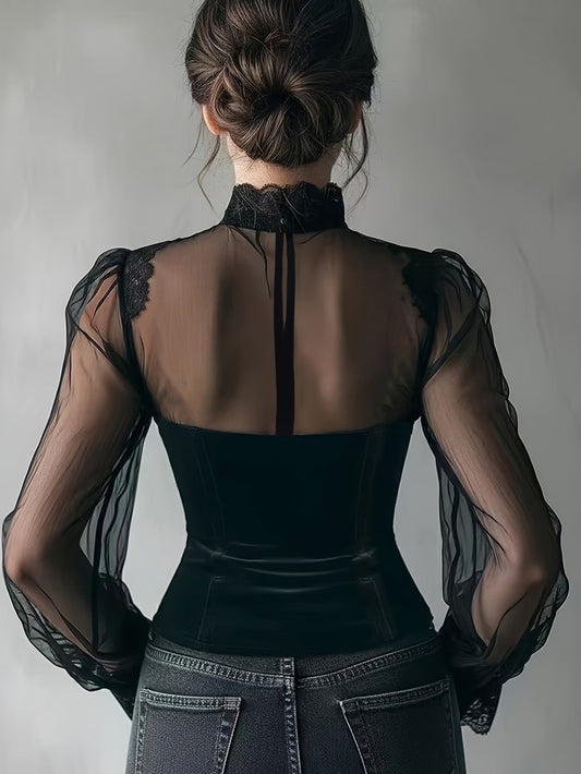 Elegant Mesh Patchwork Bell Sleeve Top