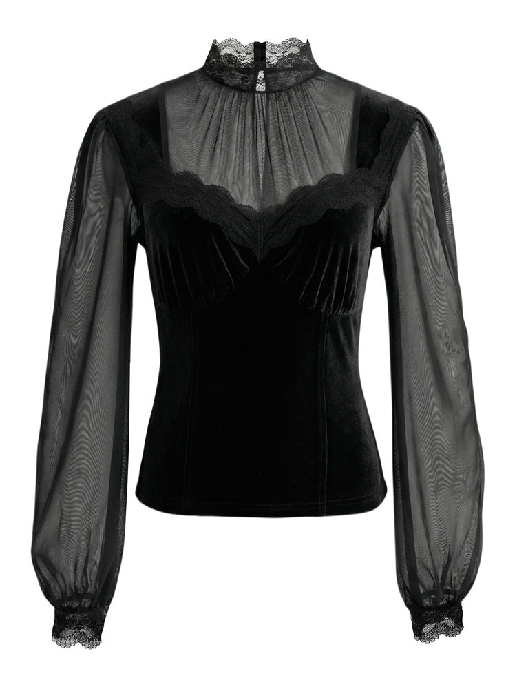 Elegant Mesh Patchwork Bell Sleeve Top
