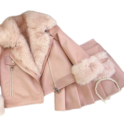 Girls Winter Leather Jacket and Skirt Set