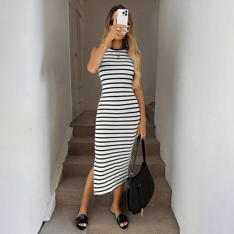 Womens Striped Sleeveless Knit Dress