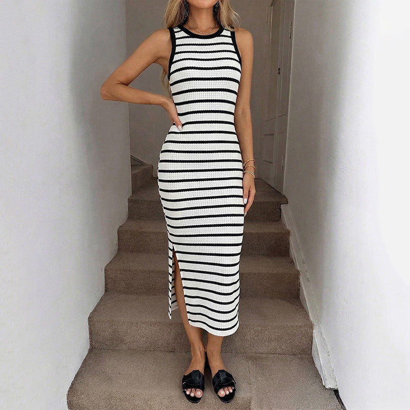 Womens Striped Sleeveless Knit Dress