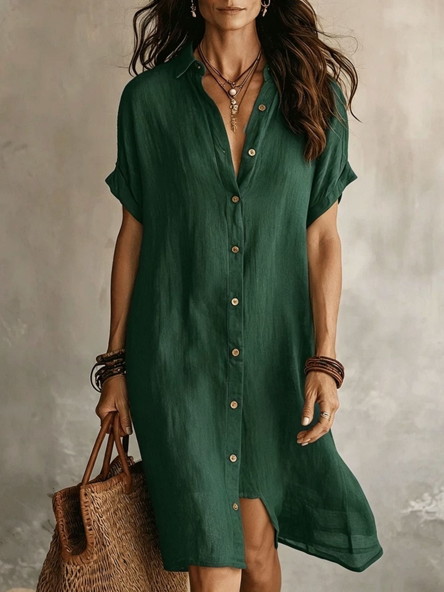 Linen Button Front Midi Dress