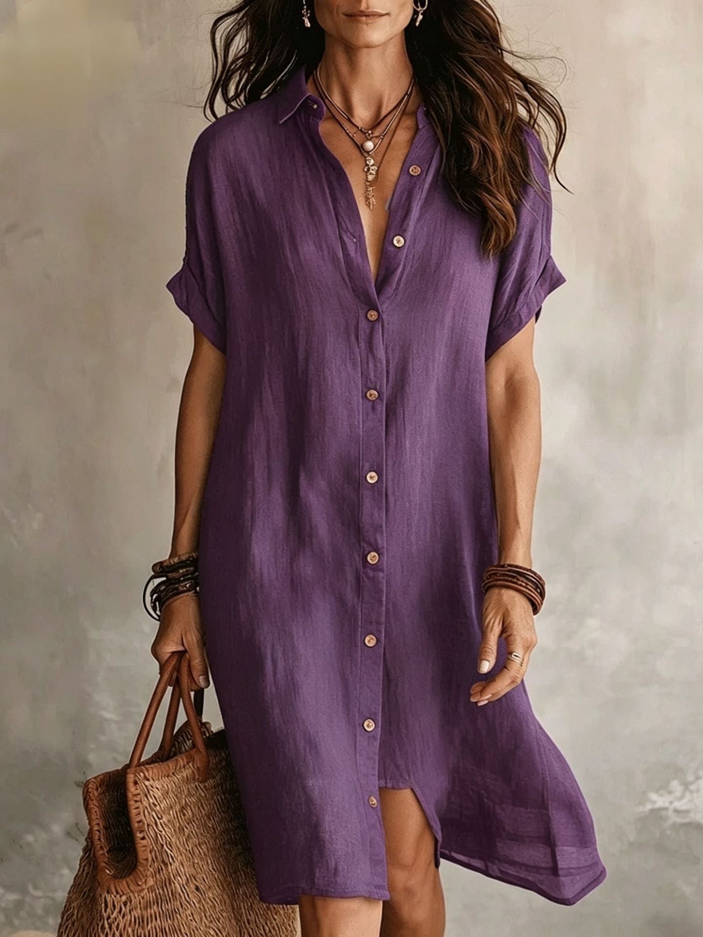 Linen Button Front Midi Dress