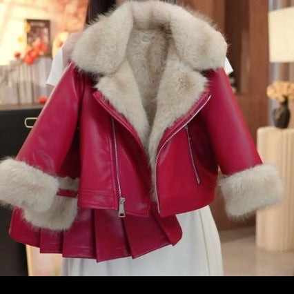 Girls Winter Leather Jacket and Skirt Set