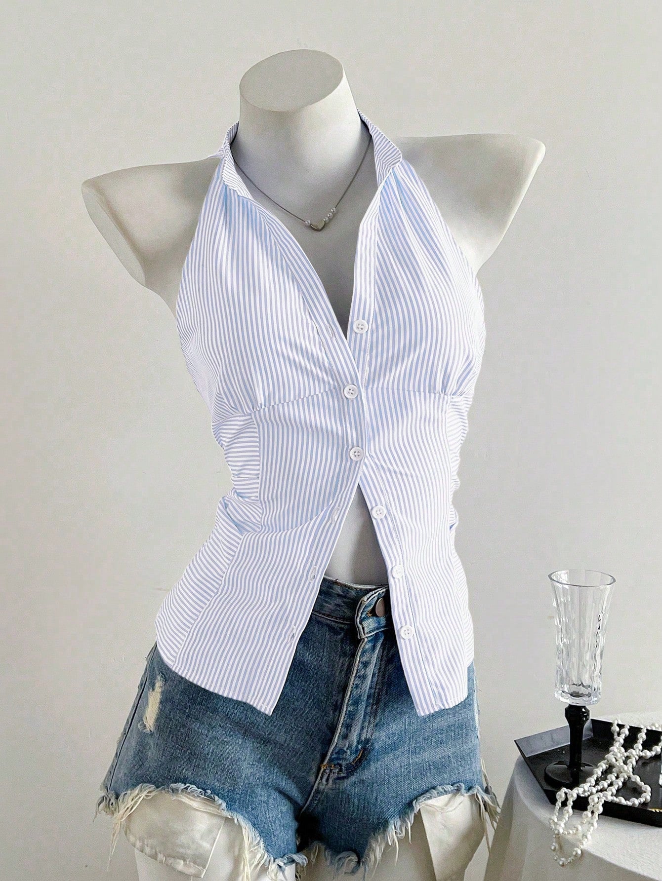 French-Style Waist-Cinching Striped Sleeveless Shirt