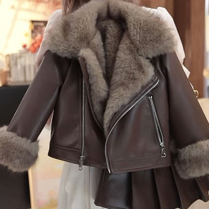 Girls Winter Leather Jacket and Skirt Set