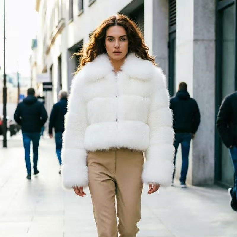 Faux Fox Fur Stand Collar Coat