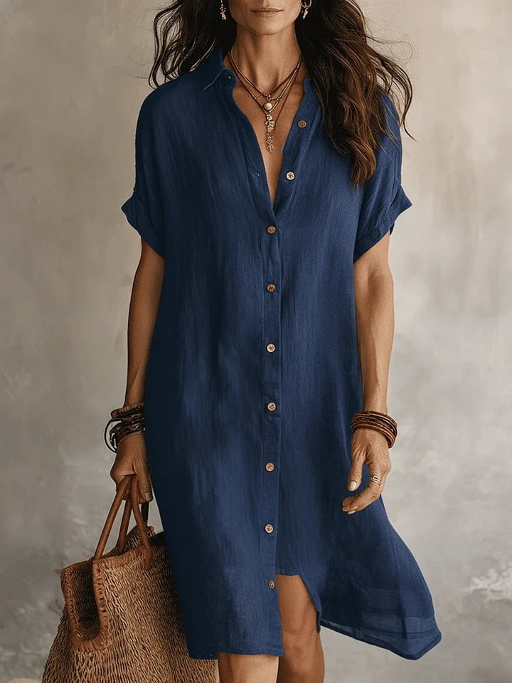 Linen Button Front Midi Dress