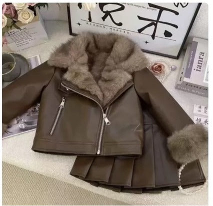 Girls Winter Leather Jacket and Skirt Set