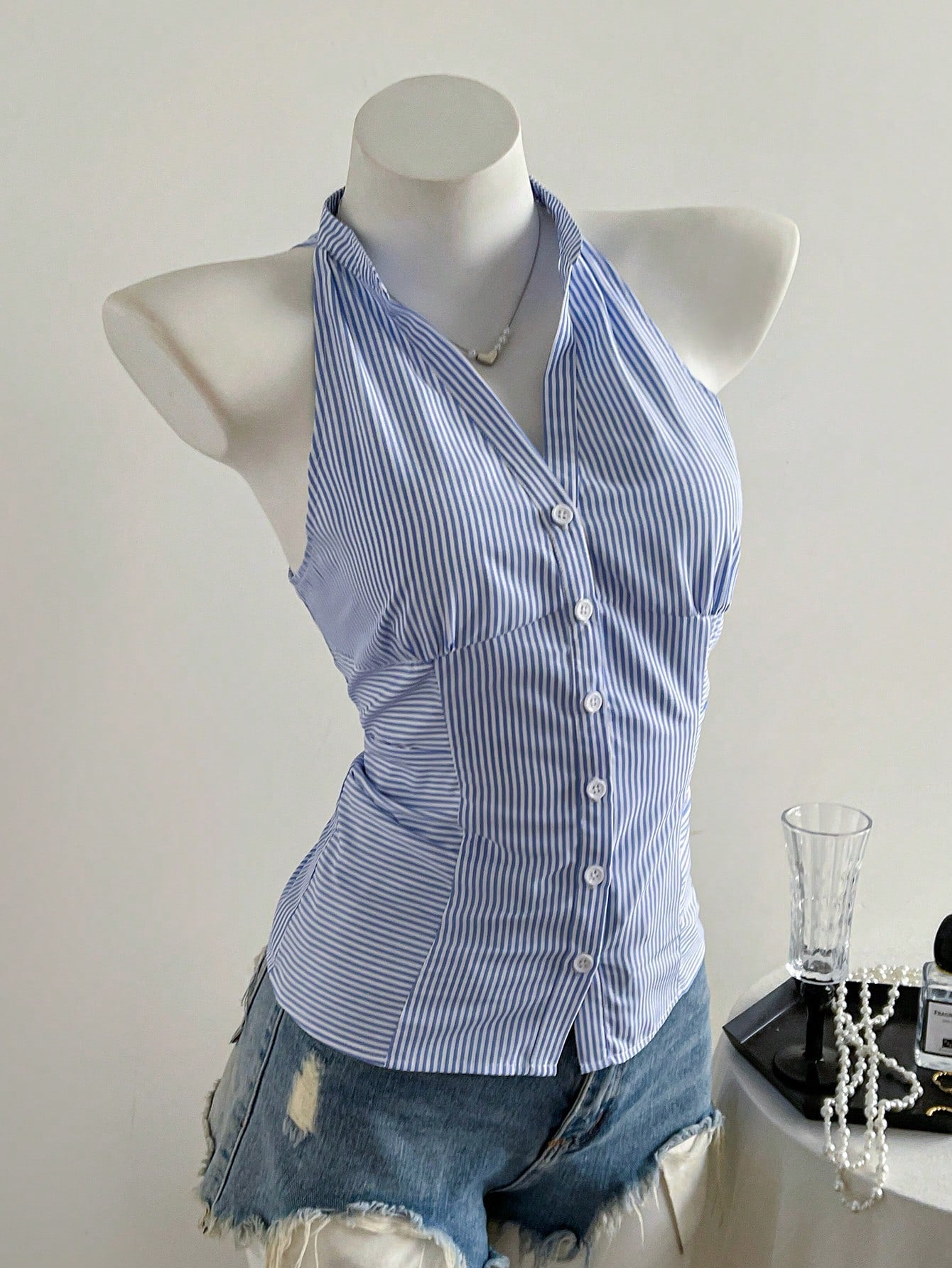 French-Style Waist-Cinching Striped Sleeveless Shirt