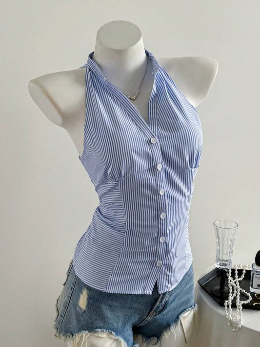 French-Style Waist-Cinching Striped Sleeveless Shirt
