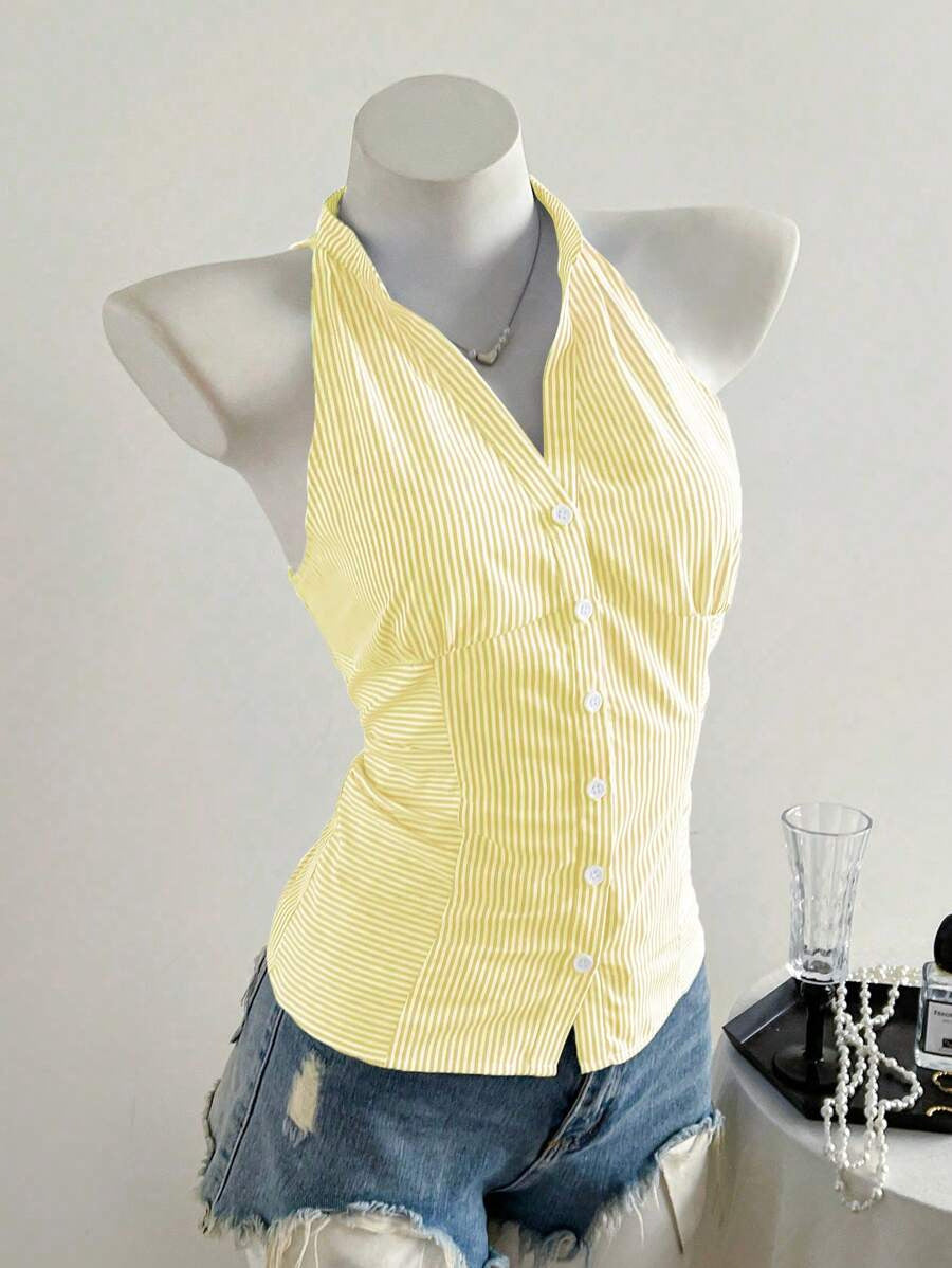French-Style Waist-Cinching Striped Sleeveless Shirt
