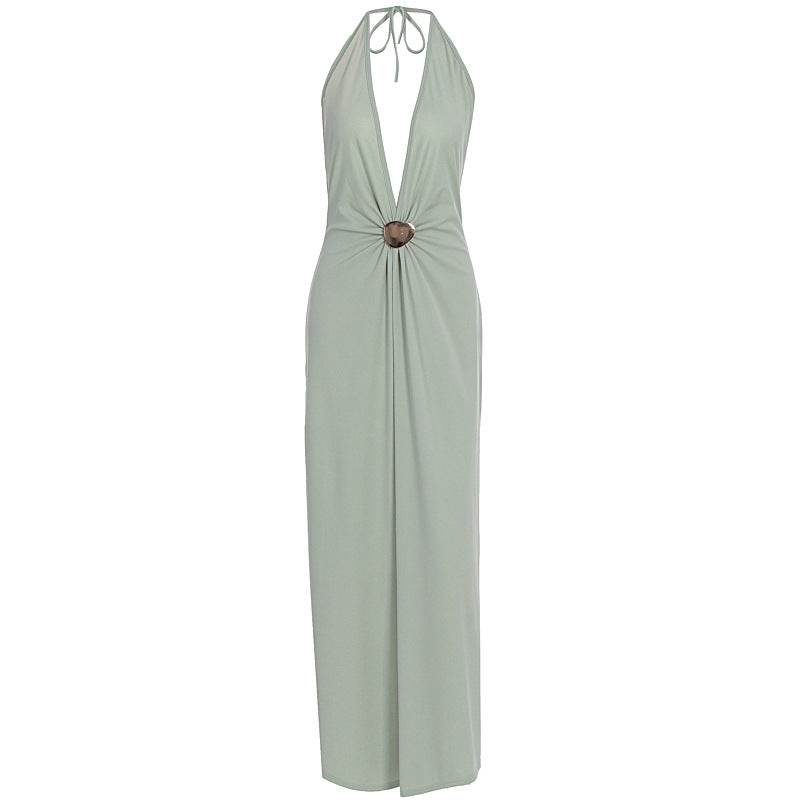 Womens Halter Neck Deep V Long Dress Sexy Evening Gown