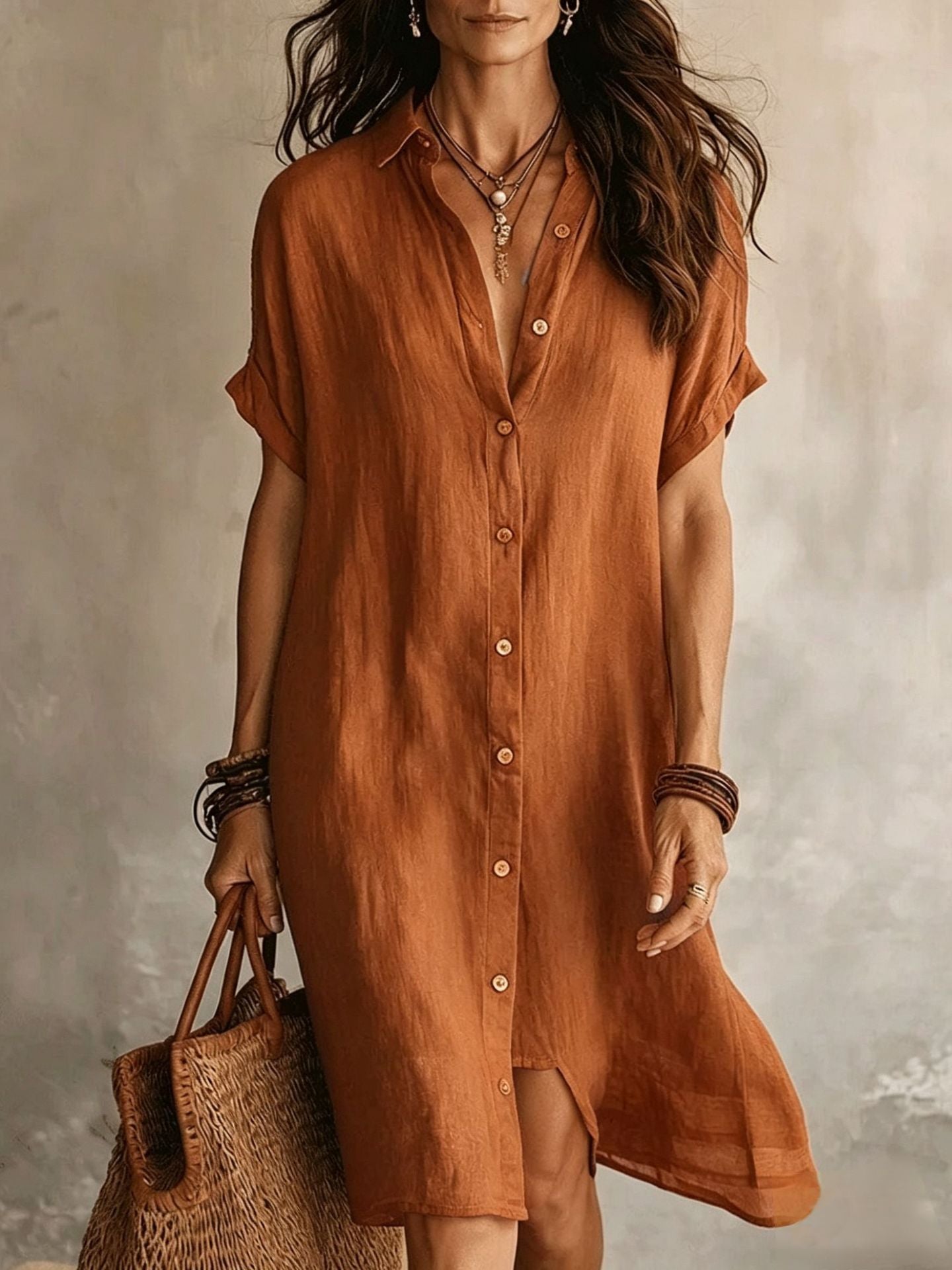 Linen Button Front Midi Dress